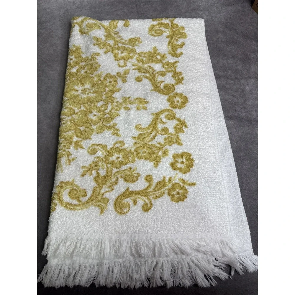 Cannon VTG Floral Fold‎ & White Fringe Towel Set Hand Bath USA Cotton